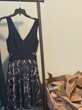 Women's Navy Blue Fit-and-Flare Dress with Patterned Skirt